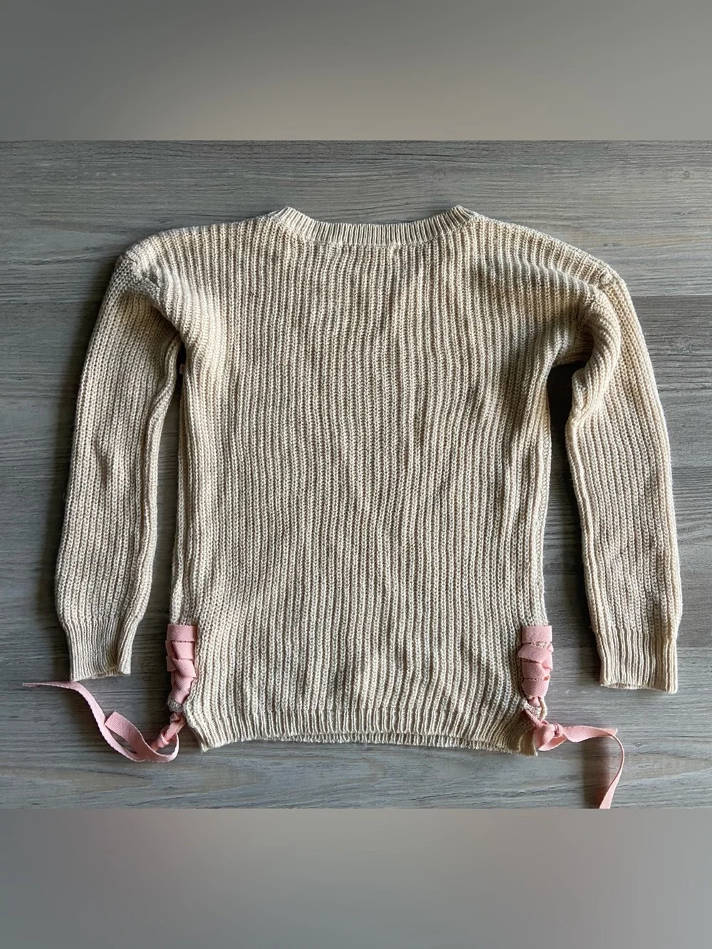 Love @First Sight Girls Coquette Ribbed Knit Ribbon Tie Sweater Cream Pink 10/12